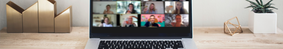 Laptop mit Videoanruf, mehrere Teilnehmer auf dem Bildschirm, Pflanzen im Hintergrund.